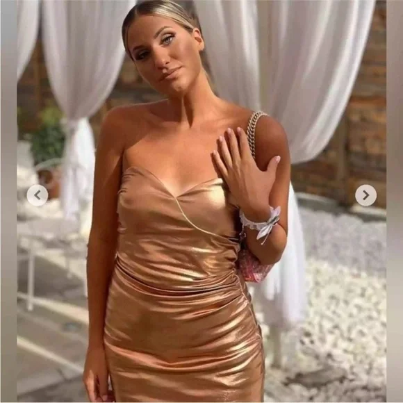 Zara bronze foil mini dress BLOGGERS FAVORITE!! NWT - Picture 7 of 14